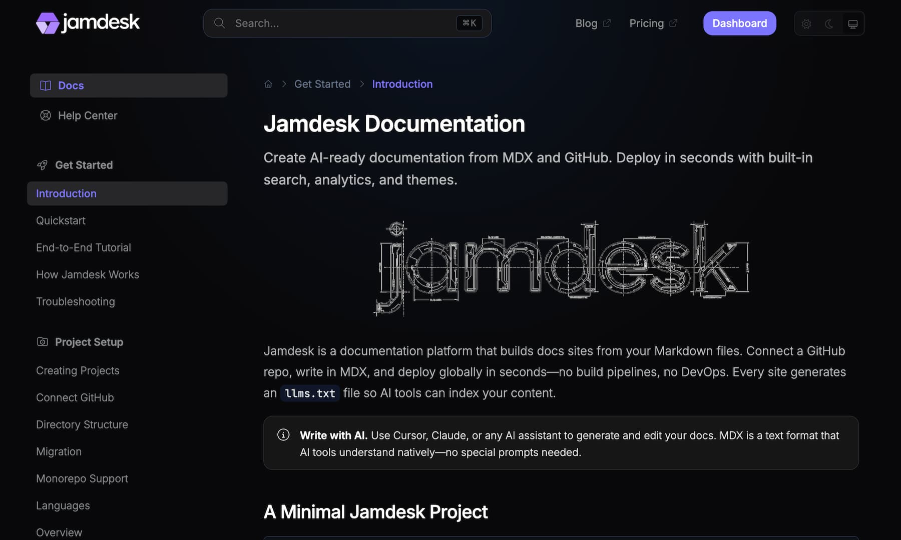 Jamdesk documentation site showing dark mode with sidebar navigation and API reference