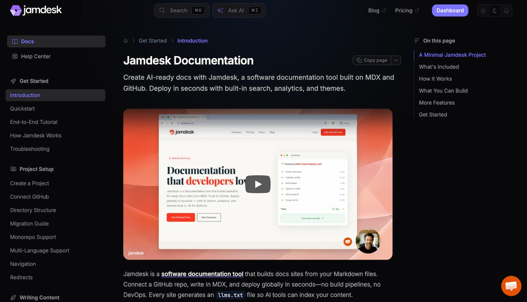Jamdesk documentation site showing dark mode with sidebar navigation and video embed